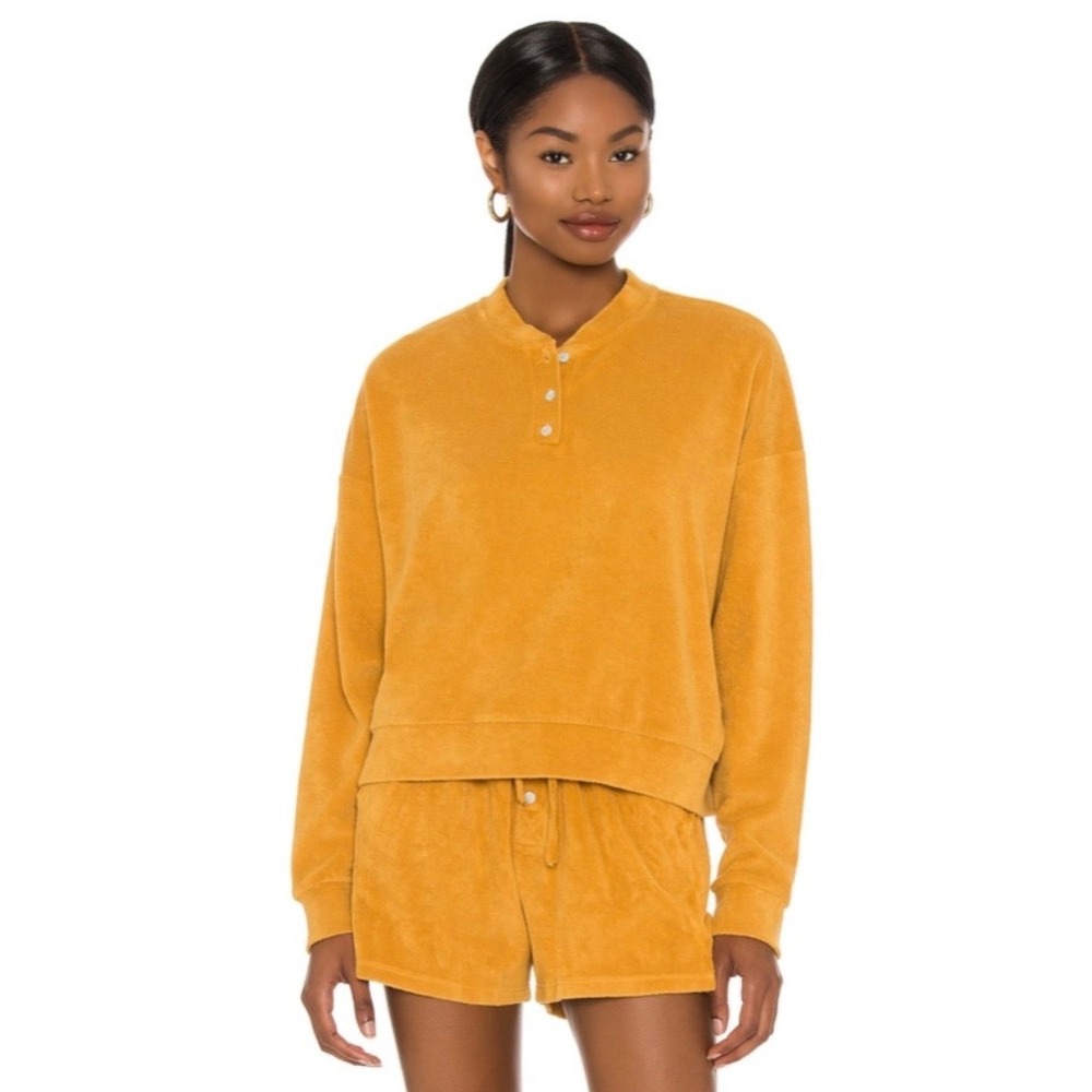 DONNI Terry Henley Sweatshirt Women M Honey Lounge Travel Casual